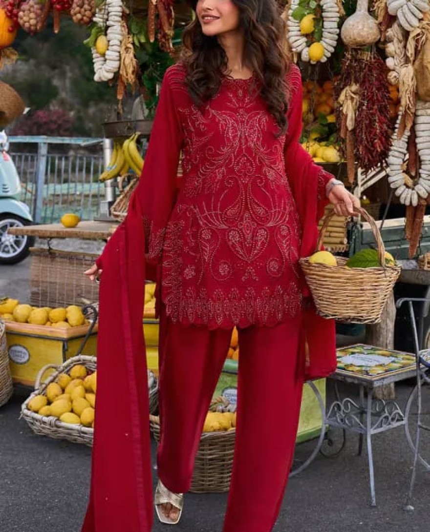 RED - Cherry Red Embroidered Georgette Designer Suit